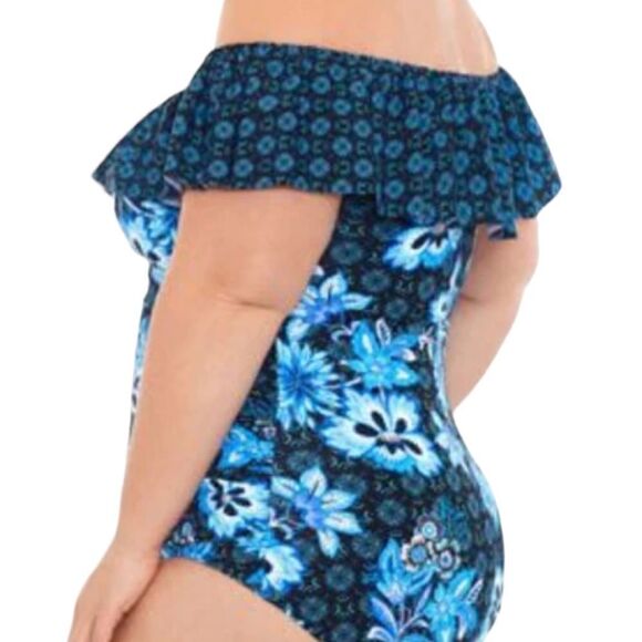 Swim Solutions HIDEAWAY NAVY Ruffled Off-the-Shoulder One-Piece Swimsuit, US 24W - Picture 3 of 5